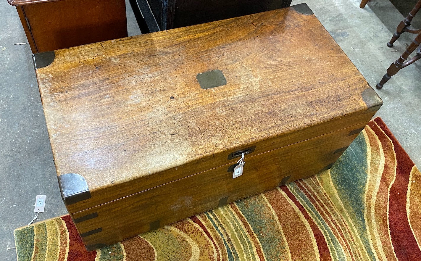 A 19th century brass bound camphorwood trunk with original wicker tray interior, length 103cm, depth 51cm, height 53cm